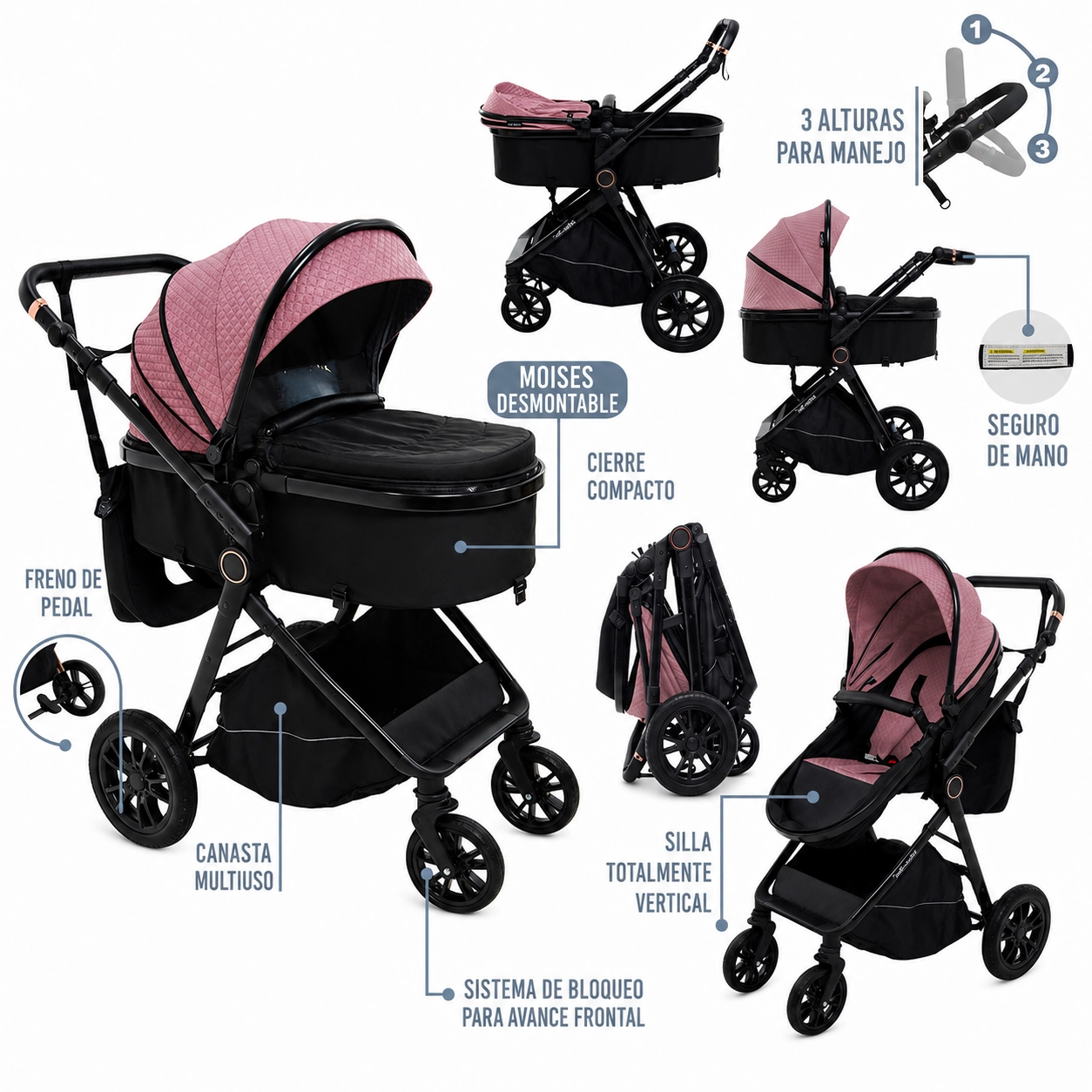 COCHE MOISES 2 EN 1 ROSADO C03-IMP7329-R - Imagen 5