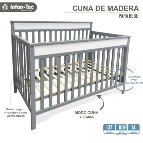 CUNA DE MADERA GRIS CON BORDES BLANCOS